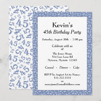 45. Geburtstagsparty, Blaues Zahlenmuster Einladung