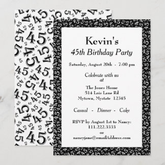 45. Geburtstagsparty, Schwarz/Weiß Zahlenmuster Einladung