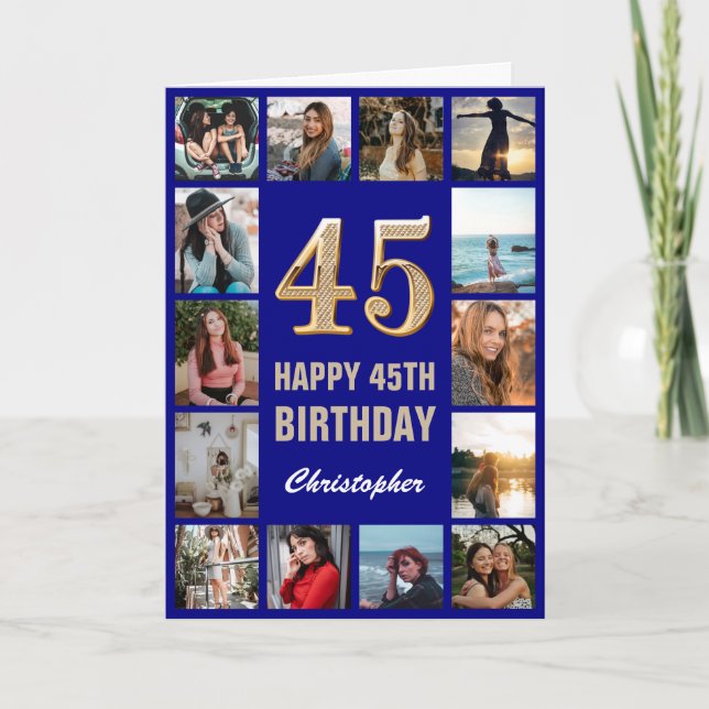 45. Happy Birthday Navy Blue & Gold Foto Collage Karte (Vorderseite)