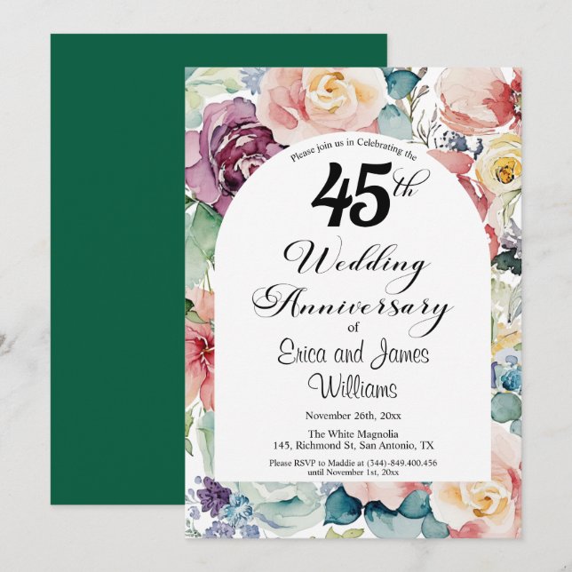 45. Hochzeitstag Elegantes Drehbuch Einladung (Vorne/Hinten)