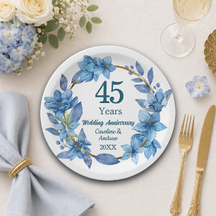 45. Hochzeitstag mit blauer floraler Saphir-Jubilä Pappteller