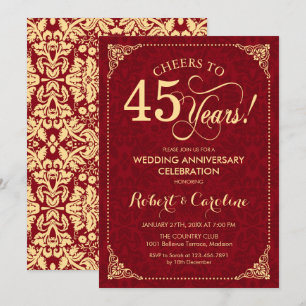 45. Hochzeitstag - Rubinroter Gold Damast Einladung