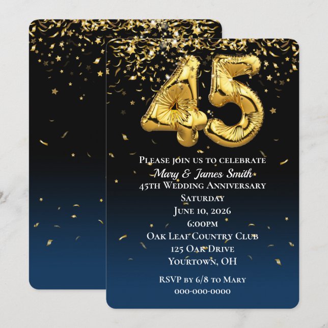 45 Jahre Gold Balloons & Confetti Einladung (Vorne/Hinten)