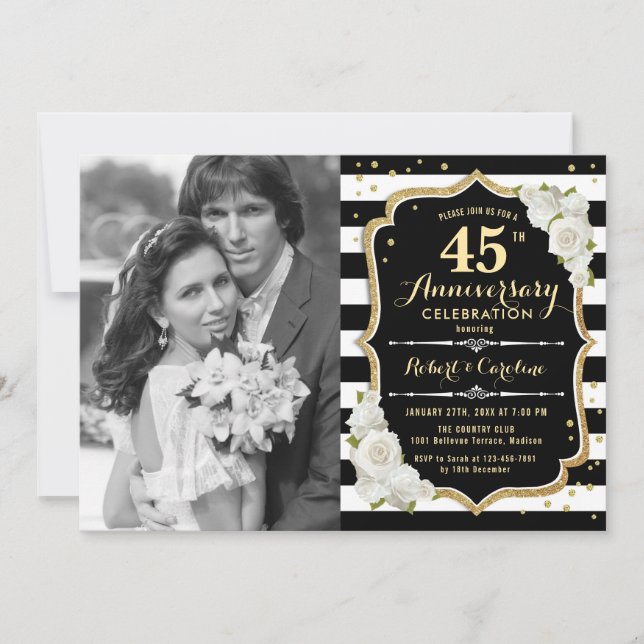 45. Jubiläum mit Foto - Gold Black Einladung (Vorderseite)