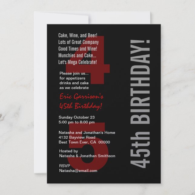 45. Modern Birthday Schwarz-weiß Red Metallic Einladung (Vorderseite)