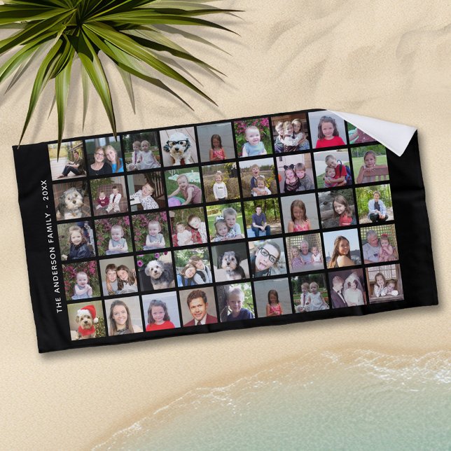 45 Square Foto Collage Grid mit Text - schwarz Strandtuch (Personalized Beach Towel - Add Photos and Text)