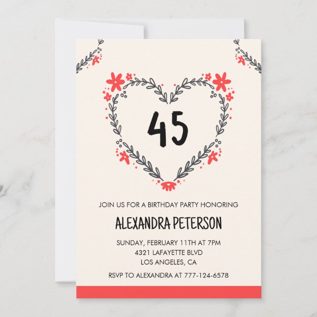 45e anniversaire invitations coeur floral (Devant)