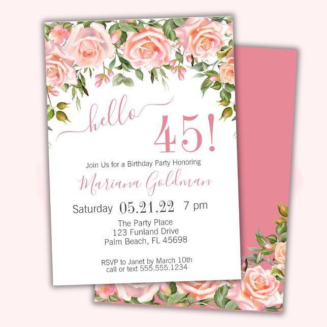 45e anniversaire Invitations Pink Floral Modern Pa (Créateur téléchargé)