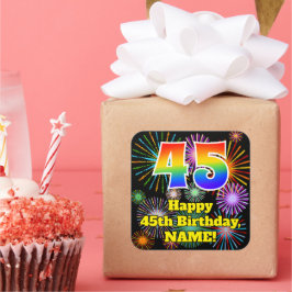 45th Birthday: Fun Fireworks Look, Rainbow # 45 Quadratischer Aufkleber