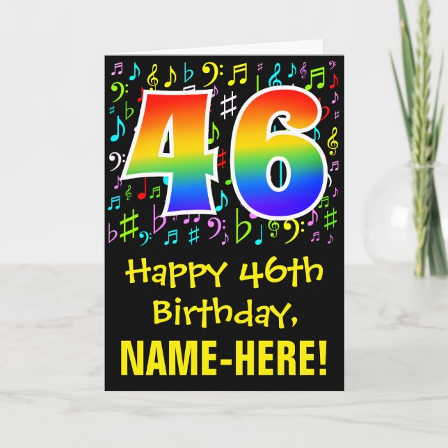 46. Geburtstag: Farbige Musiksymbole + Regenbogen  Karte (Vorderseite)