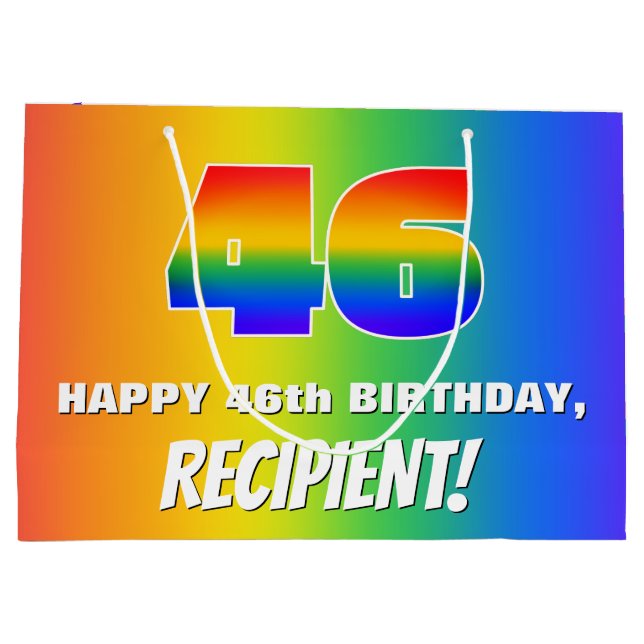 46. Geburtstag: Farbiges, lustiges Regenbogenmuste Große Geschenktüte (Rückseite)