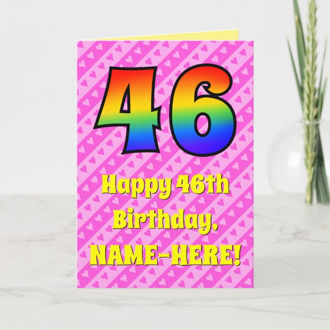 46. Geburtstag: Rosa Streifen & Herz, Regenbogen # Karte (Vorderseite)