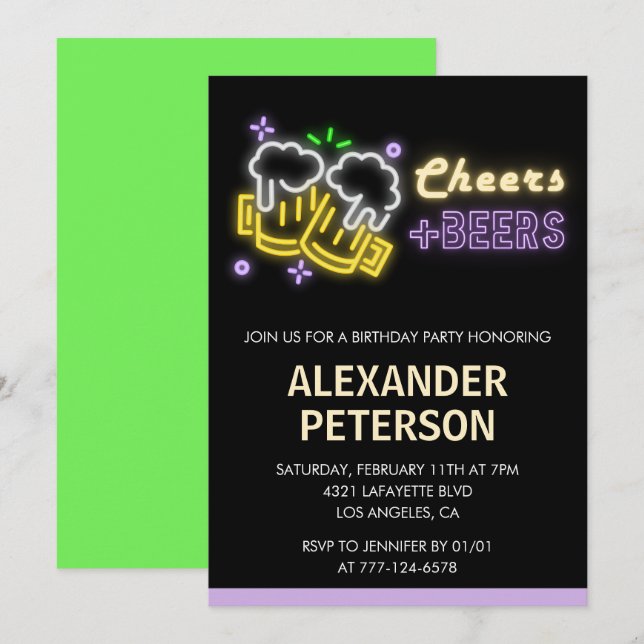 46e anniversaire Invitation Cheers Beer Men Neon G (Devant / Derrière)