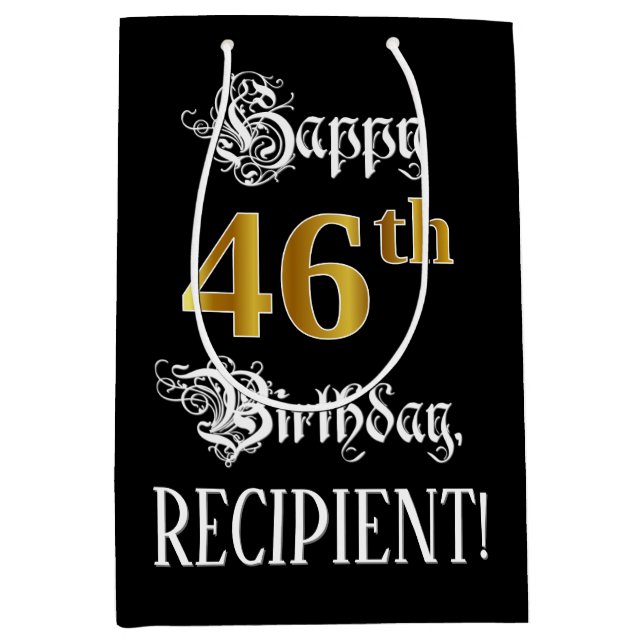 46th Birthday Fancy Script; Falsch Gold Look; Name Mittlere Geschenktüte (Vorderseite)