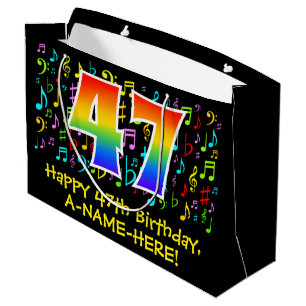 47. Geburtstag - Farbige Musiksymbole, Regenbogen  Große Geschenktüte