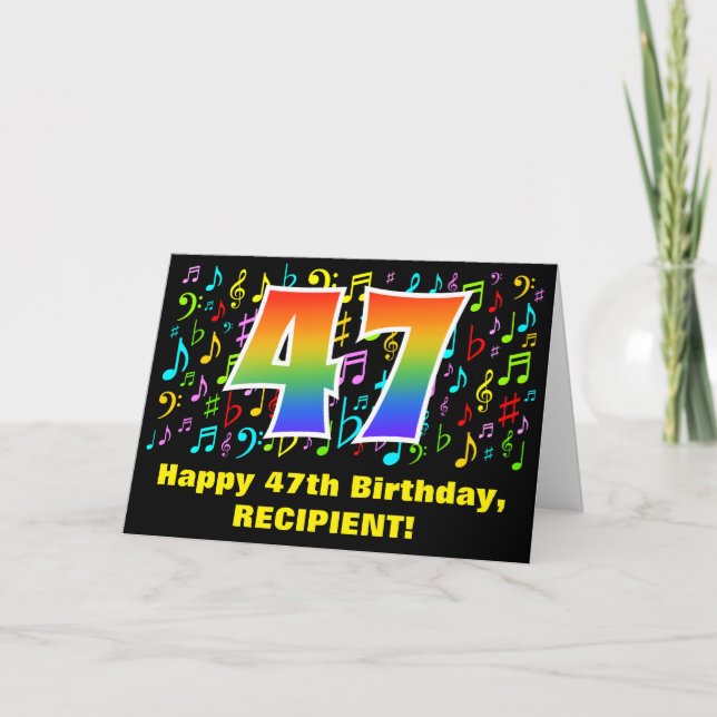 47. Geburtstag: Farbige Musiksymbole & Regenbogen  Karte (Vorderseite)