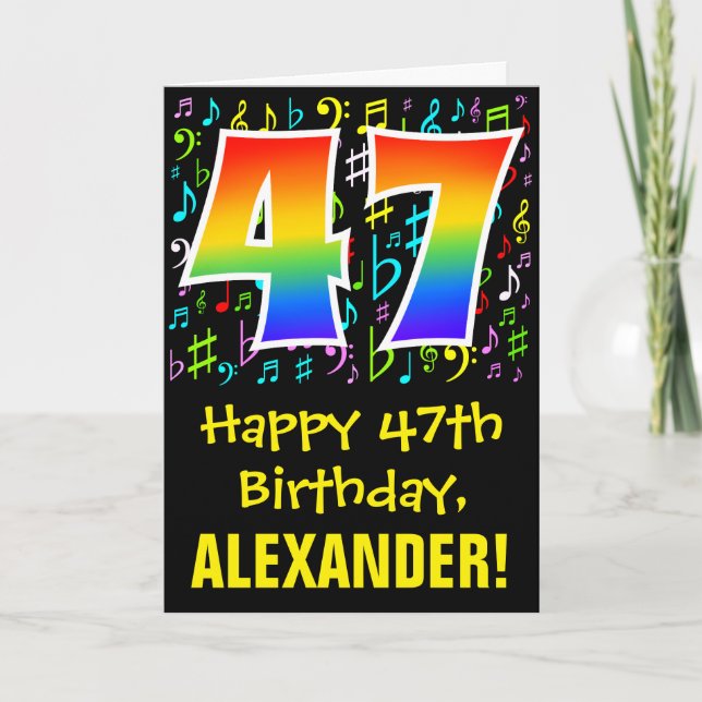 47. Geburtstag: Farbige Musiksymbole + Regenbogen  Karte (Vorderseite)