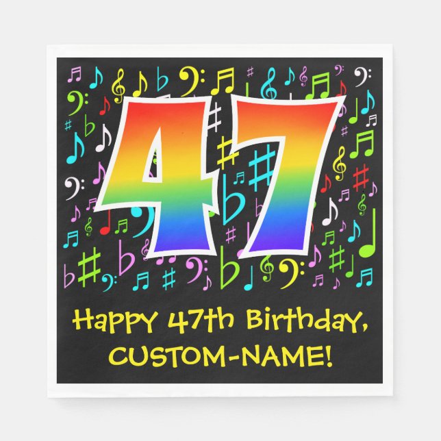 47. Geburtstag - Farbige Musiksymbole, Regenbogen  Serviette (Vorderseite)