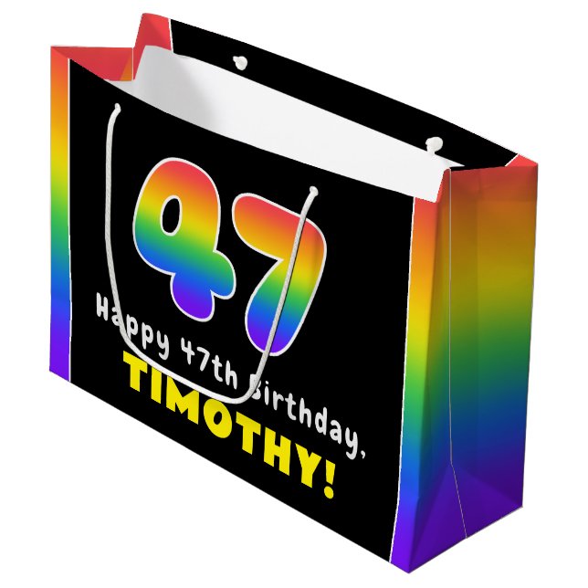 47. Geburtstag: Farbiger Regenbogen # 47, Individu Große Geschenktüte (Vorderseite Schrägansicht)