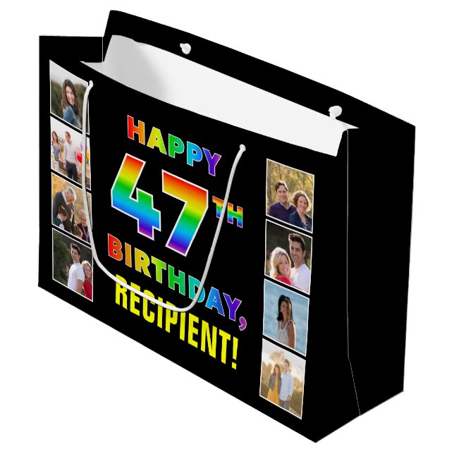 47. Geburtstag: Regenbogentext, benutzerdefinierte Große Geschenktüte (Vorderseite Schrägansicht)