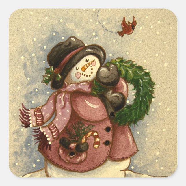 4886 Snowman Wreath-Kardinal Quadratischer Aufkleber (Vorderseite)