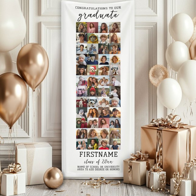 48 Foto Collage Abschluss Moderner Minimal Weiß Banner (Custom Graduation Banner - Great for a backdrop or Grad Party Decoration)