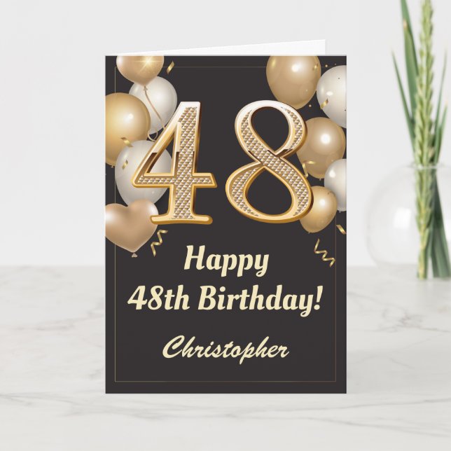 48. Geburtstag Black and Gold Balloons Confetti Karte (Vorderseite)