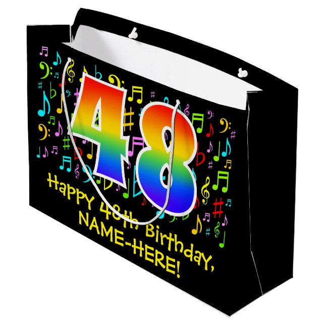 48. Geburtstag - Farbige Musiksymbole, Regenbogen  Große Geschenktüte (Rückseite Schrägansicht)