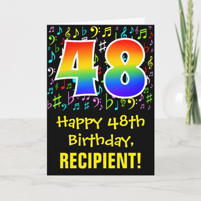 48. Geburtstag: Farbige Musiksymbole + Regenbogen  Karte (Vorderseite)