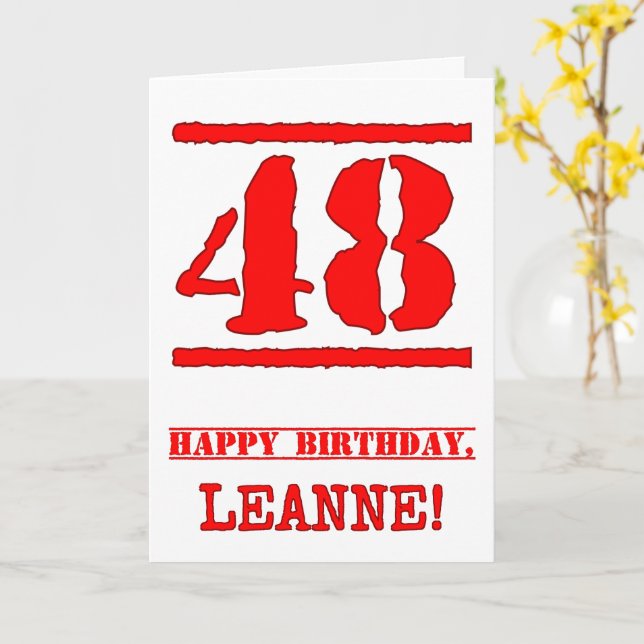 48th Birthday: Fun, Red Rubber Stamp Inspired Look Karte (Gelbe Blume)