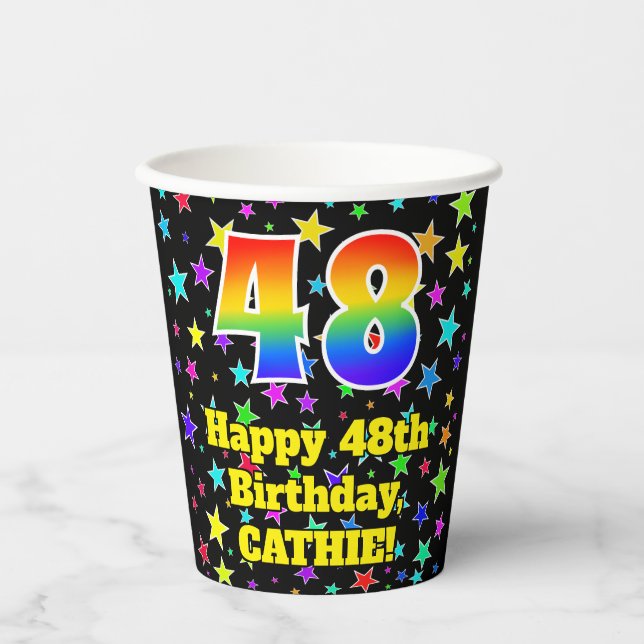 48th Birthday: Fun Stars Pattern and Rainbow 48 Pappbecher (Vorderseite)