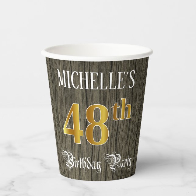 48th Birthday Party — Faux Gold & Faux Wood Looks Pappbecher (Vorderseite)