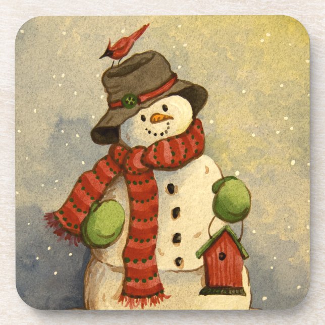 4905 Snowman & Birdhouse Weihnachten Getränkeuntersetzer (Vorderseite)