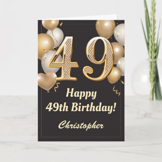 49. Geburtstag Black and Gold Balloons Confetti Karte (Vorderseite)