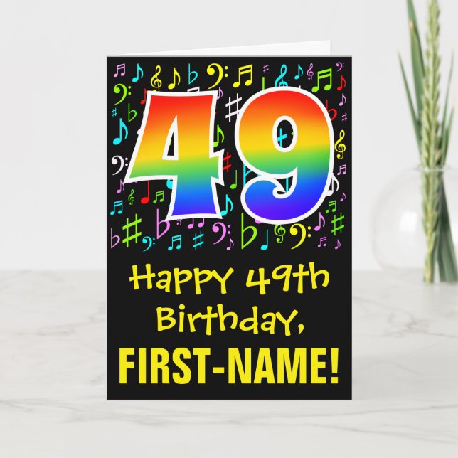 49. Geburtstag: Farbige Musiksymbole + Regenbogen  Karte (Vorderseite)