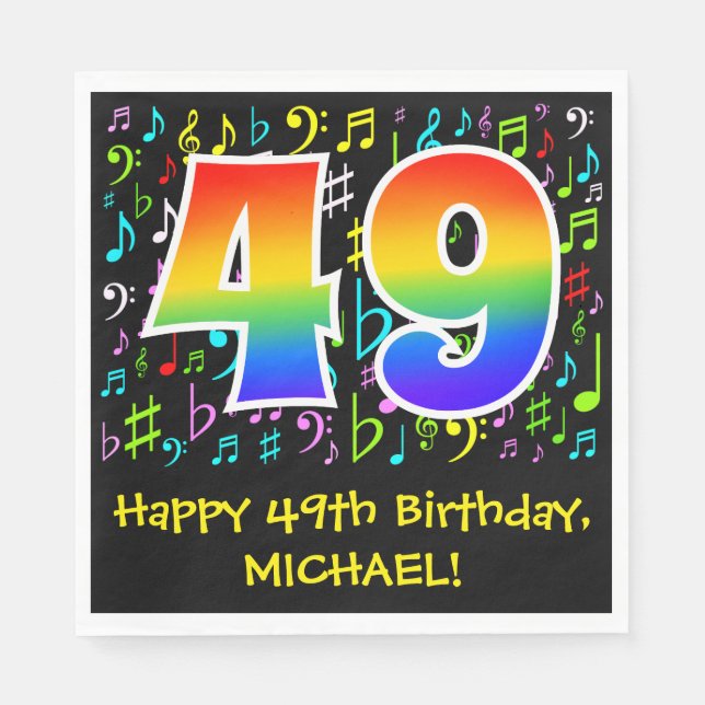 49. Geburtstag - Farbige Musiksymbole, Regenbogen  Serviette (Vorderseite)