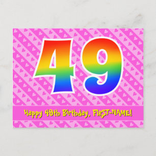 49. Geburtstag: Rosa Streifen & Herzen, Regenbogen Postkarte