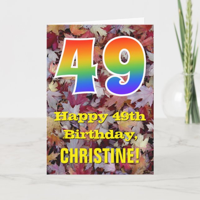 49. Geburtstag; Rustikale Herbstblätter; Regenboge Karte (Vorderseite)