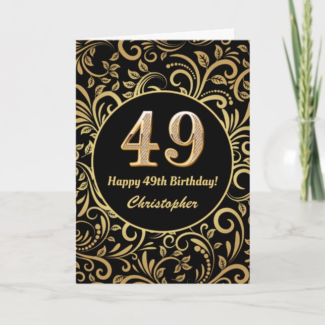 49. Geburtstag Schwarz-Gold-Blütenmuster Karte (Vorderseite)