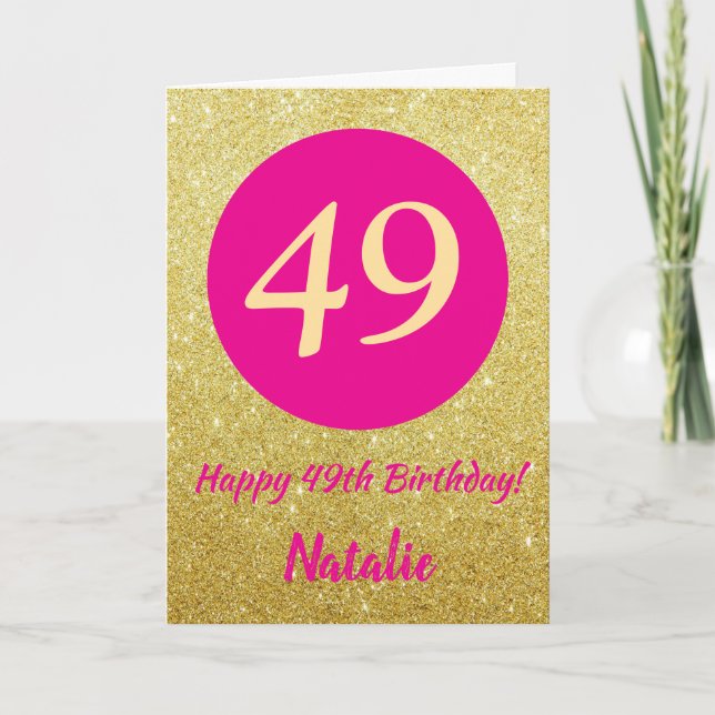 49. Happy Birthday Hot Pink und Gold Glitzer Karte (Vorderseite)