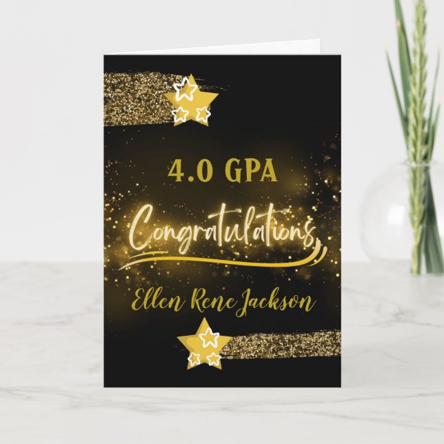 4.0 GPA Glückwünsche Gold Stars Glitzer Effekt Karte (Vorderseite)