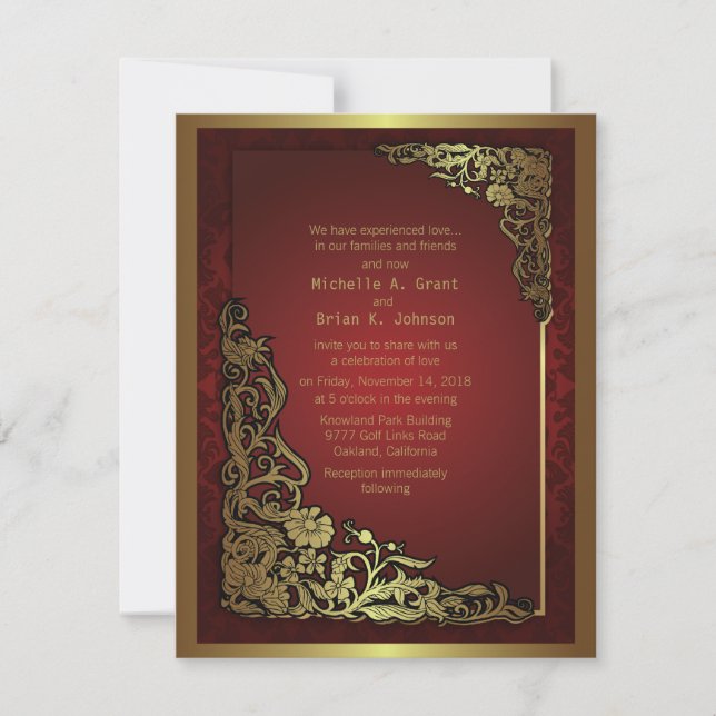 4.25x5.5" Damask Luxury Golden Red Wedding Einladu Einladung (Vorderseite)