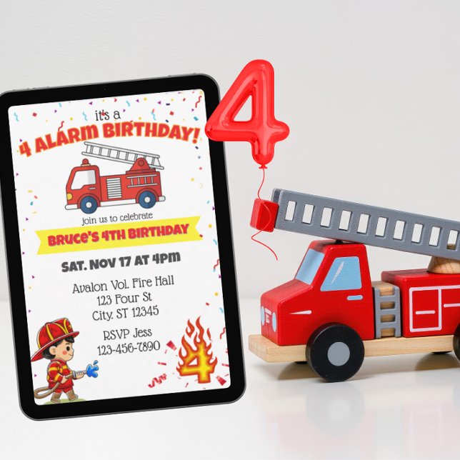 4 Alarm Fire Fighter 4th Birthday Einladung (Von Creator hochgeladen)