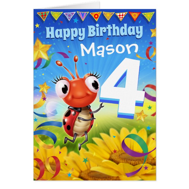 4 ans Carte d'anniversaire personnalisée Gamme Lit (Devant)