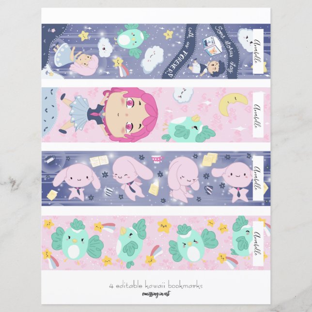 4 Bearbeitbares Kawaii Blue & Pink Lesezeichen (Vorderseite)