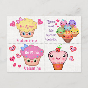 4 Cartes Valentines de Cupcake Kawaii