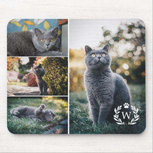 4 Cat Foto Collage Paw Laurel Wreath Monogramm Mousepad