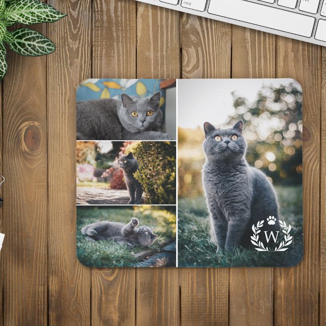 4 Cat Foto Collage Paw Laurel Wreath Monogramm Mousepad (Von Creator hochgeladen)