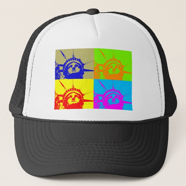 4 Color Pop Art Lady Liberty Truckerkappe (Vorderseite)