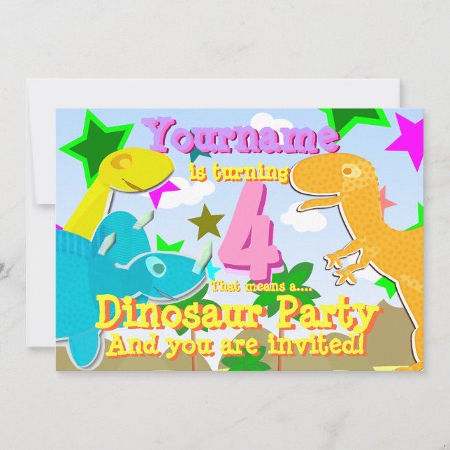 4 Dinos en caricature Invitations à la fête d'anni (Devant)